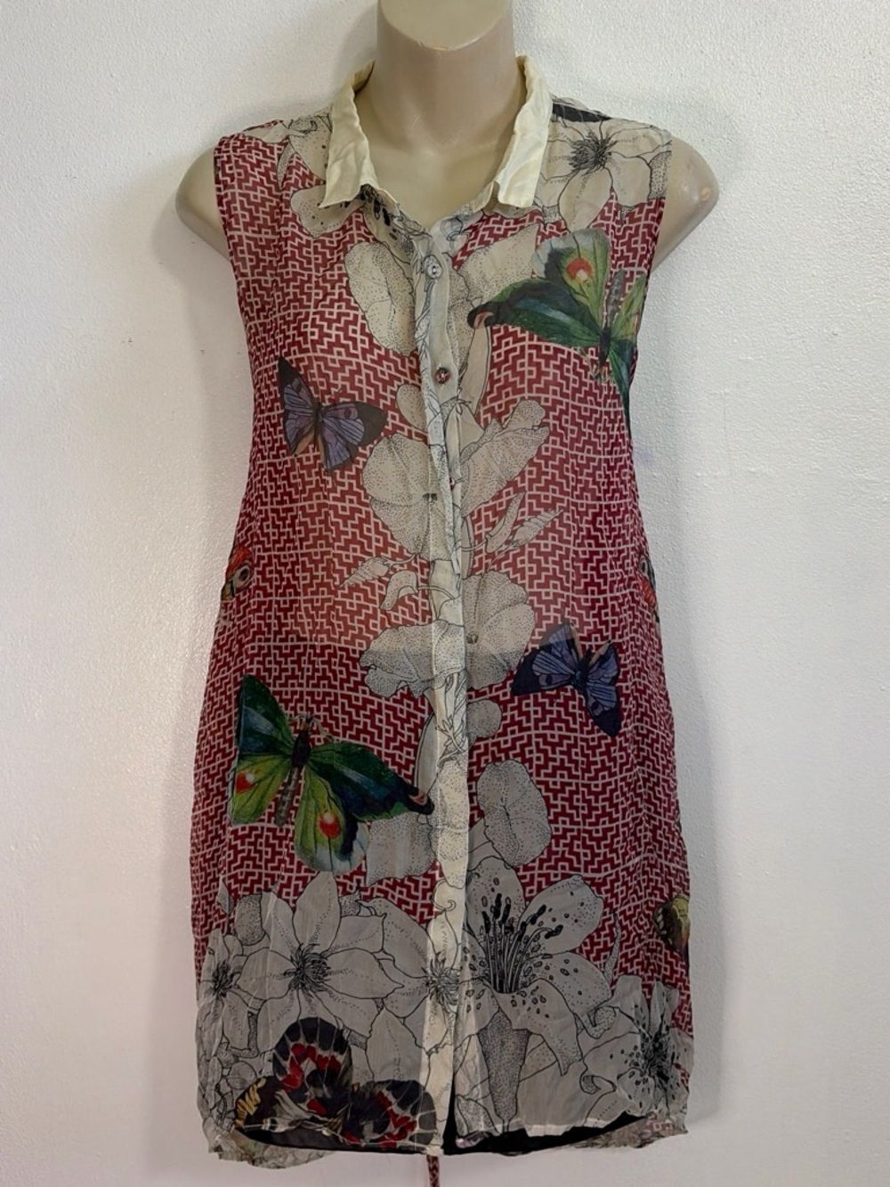 Silk Butterfly Print Tunic Blouse Sleeveless Sheer Floral Blouse Johnny Was